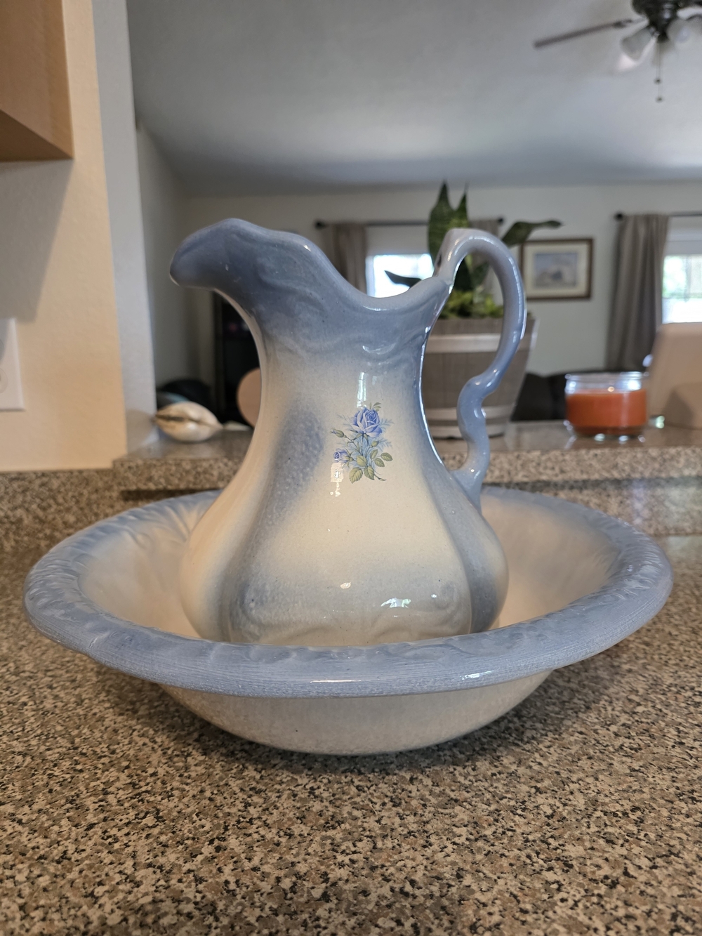Antique Ironstone Pottery Pitcher And Basin Roses Light Blue And White